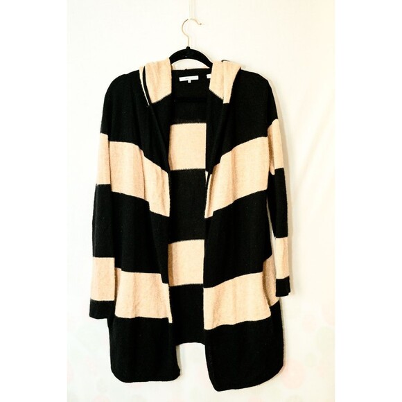 360 Cashmere open cardigan XS tan black stripe hooded hoodie - Picture 1 of 7